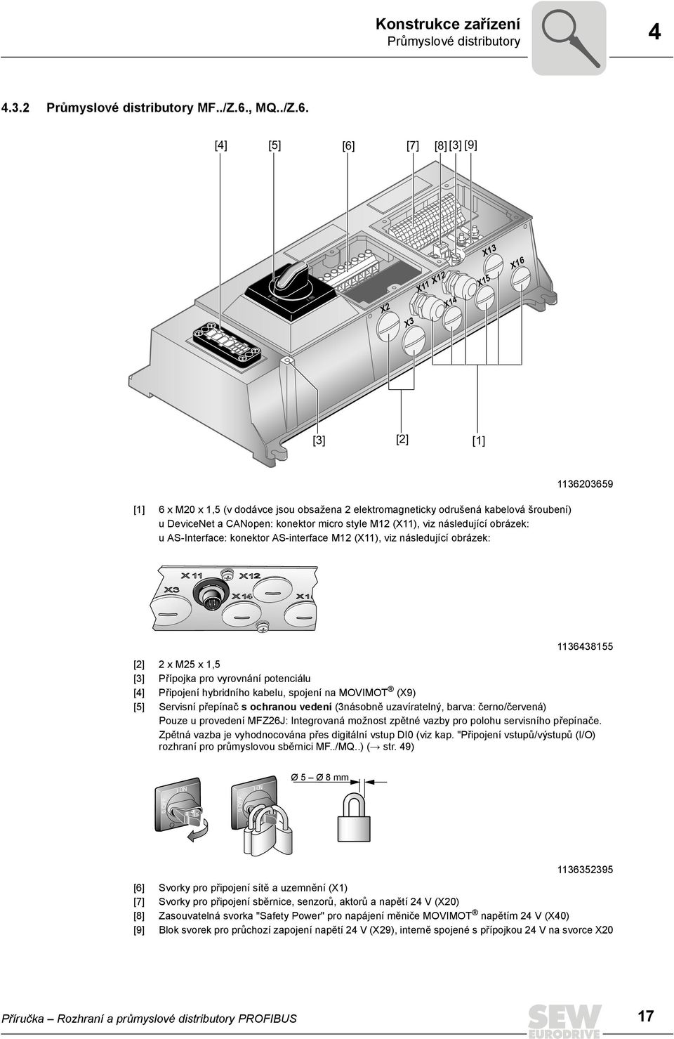 [4] [5] [6] [7] [8] [3] [9] X2 X11 X12 X13 X3 X14 X15 X16 [3] [2] [1] [1] 6 x M20 x 1,5 (v dodávce jsou obsažena 2 elektromagneticky odrušená kabelová šroubení) u DeviceNet a CANopen: konektor micro