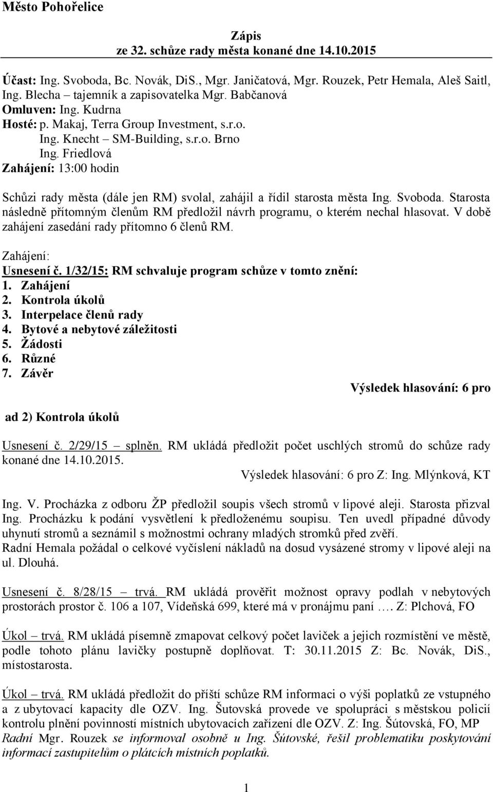 Friedlová Zahájení: 13:00 hodin Schůzi rady města (dále jen RM) svolal, zahájil a řídil starosta města Ing. Svoboda.