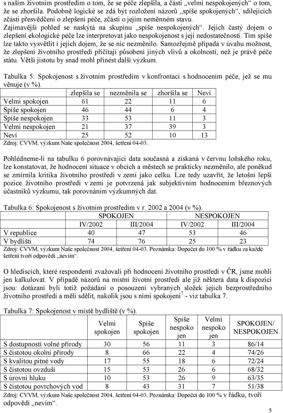 Zajímavější pohled se naskýtá na skupinu spíše nespokojených. Jejich častý dojem o zlepšení ekologické péče lze interpretovat jako nespokojenost s její nedostatečností.