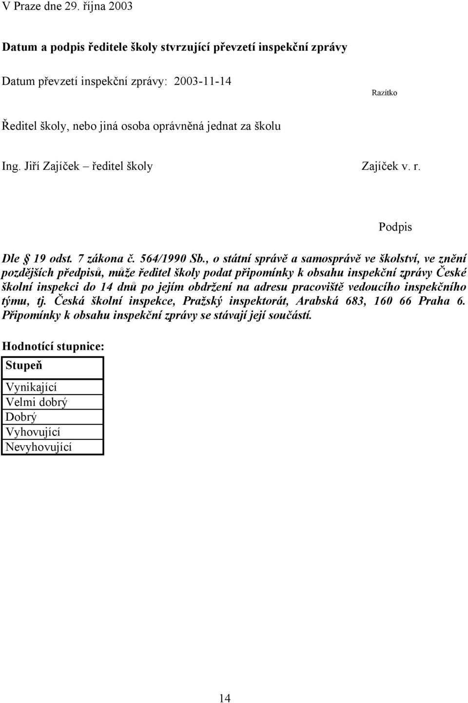 Ing. Jiří Zajíček ředitel školy Zajíček v. r. Podpis Dle 19 odst. 7 zákona č. 564/1990 Sb.