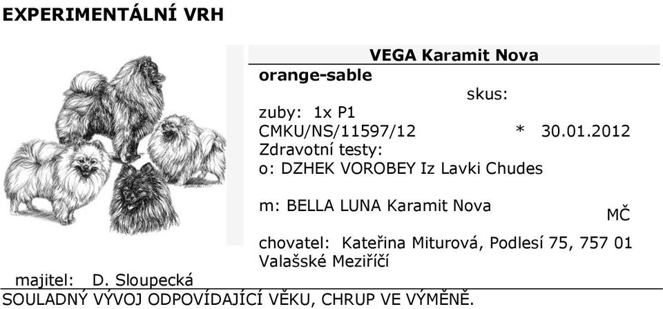 2012 Zdravotní testy: o: DZHEK VOROBEY Iz Lavki Chudes m: BELLA LUNA Karamit