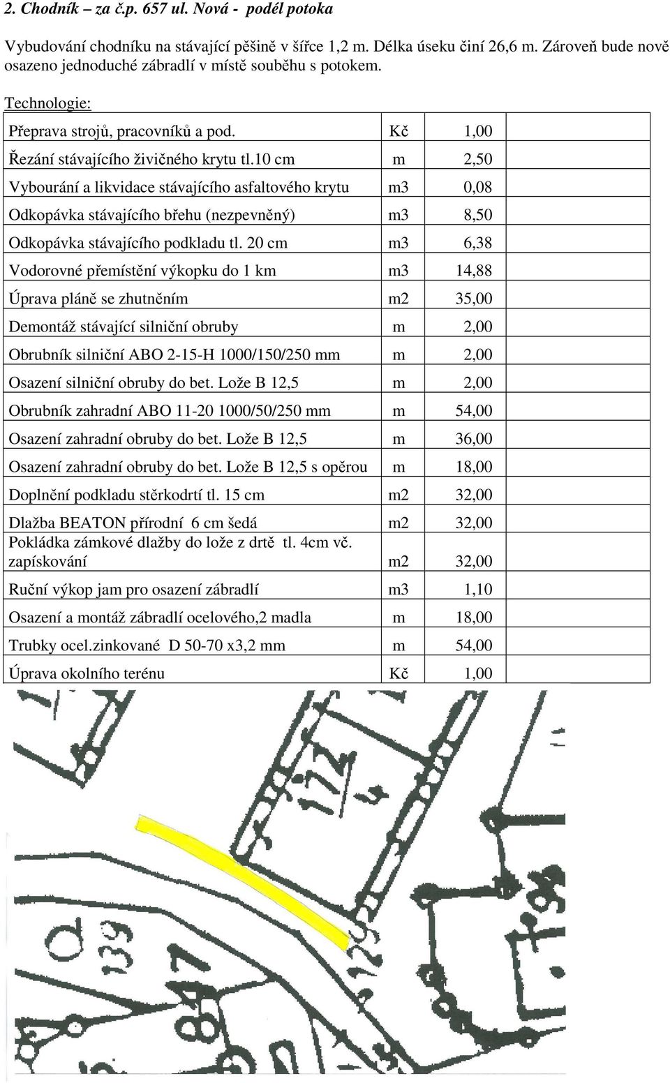 10 cm m 2,50 Vybourání a likvidace stávajícího asfaltového krytu m3 0,08 Odkopávka stávajícího břehu (nezpevněný) m3 8,50 Odkopávka stávajícího podkladu tl.