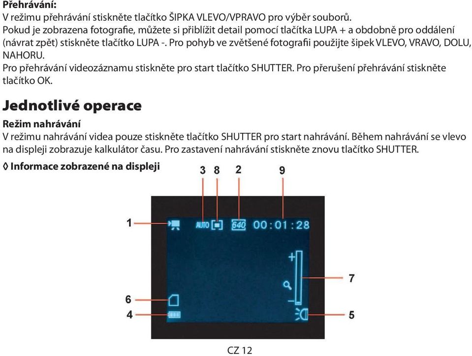 Pro pohyb ve zvětšené fotografii použijte šipek VLEVO, VRAVO, DOLU, NAHORU. Pro přehrávání videozáznamu stiskněte pro start tlačítko SHUTTER.