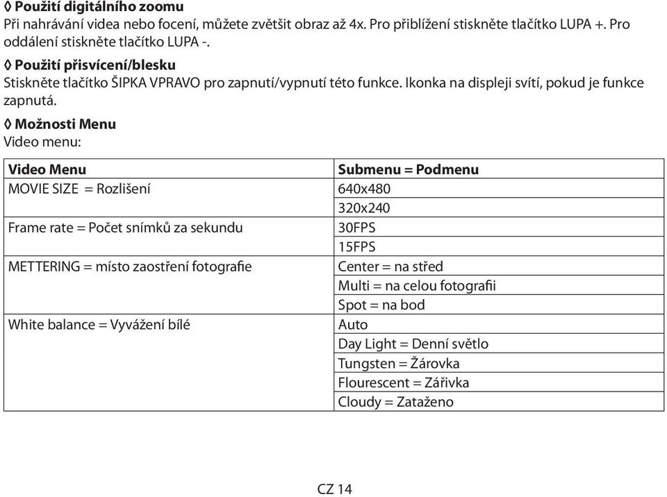 Možnosti Menu Video menu: Video Menu MOVIE SIZE = Rozlišení Frame rate = Počet snímků za sekundu METTERING = místo zaostření fotografie White balance = Vyvážení bílé