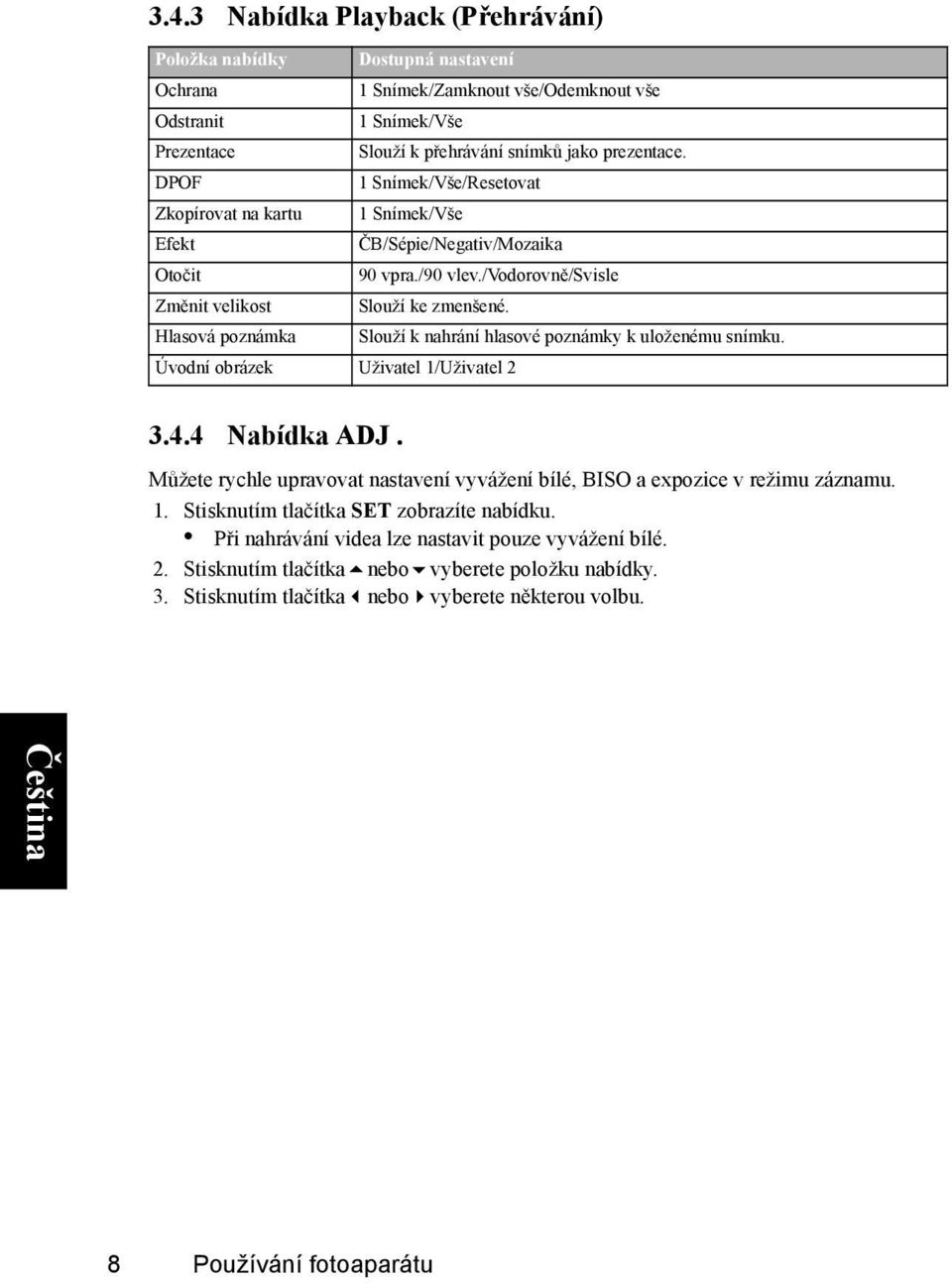 Hlasová poznámka Slouží k nahrání hlasové poznámky k uloženému snímku. Úvodní obrázek Uživatel 1/Uživatel 2 3.4.4 Nabídka ADJ.