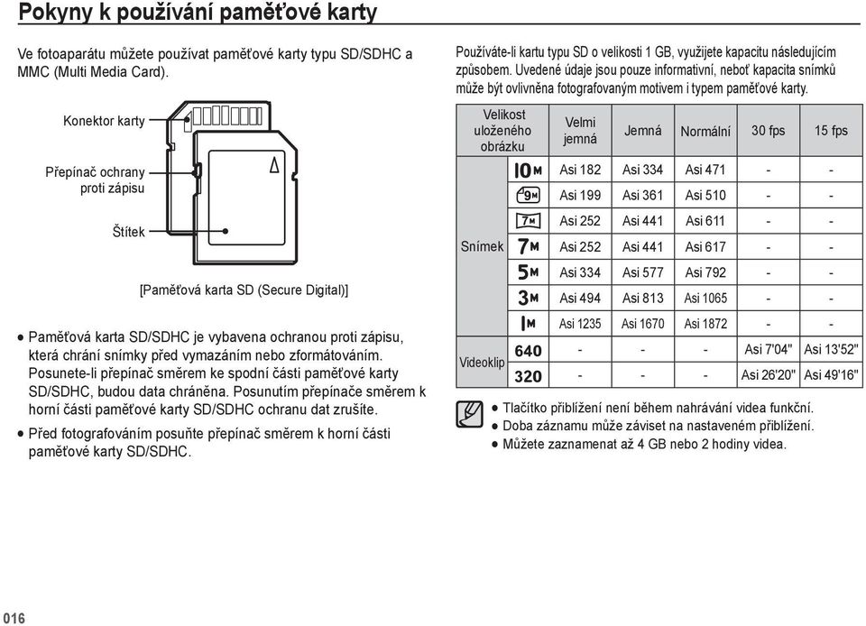 zformátováním. Posunete-li přepínač směrem ke spodní části paměťové karty SD/SDHC, budou data chráněna. Posunutím přepínače směrem k horní části paměťové karty SD/SDHC ochranu dat zrušíte.