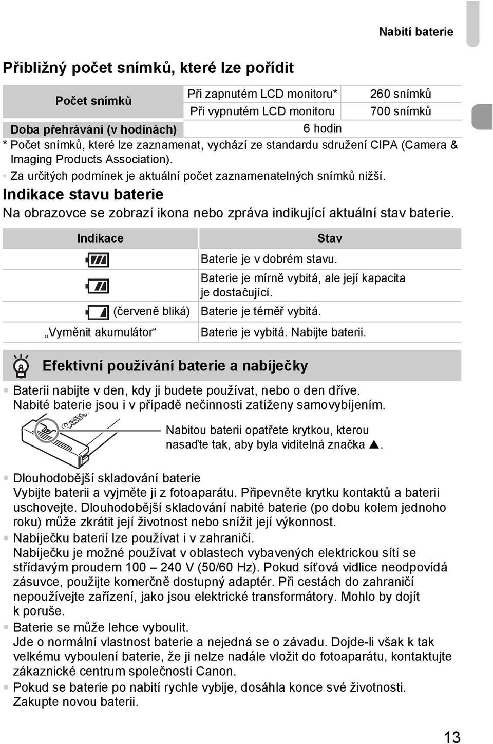 Indikace stavu baterie Na obrazovce se zobrazí ikona nebo zpráva indikující aktuální stav baterie. Indikace Stav Baterie je v dobrém stavu. Baterie je mírně vybitá, ale její kapacita je dostačující.