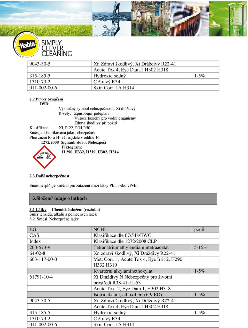 klasifikována jako nebezpečná. Plné znění R- a H- vět najdete v oddíle 16 1272/2008 Signanlí slovo: Nebezpečí Piktogram: H 290, H332, H319, H302, H314 2.