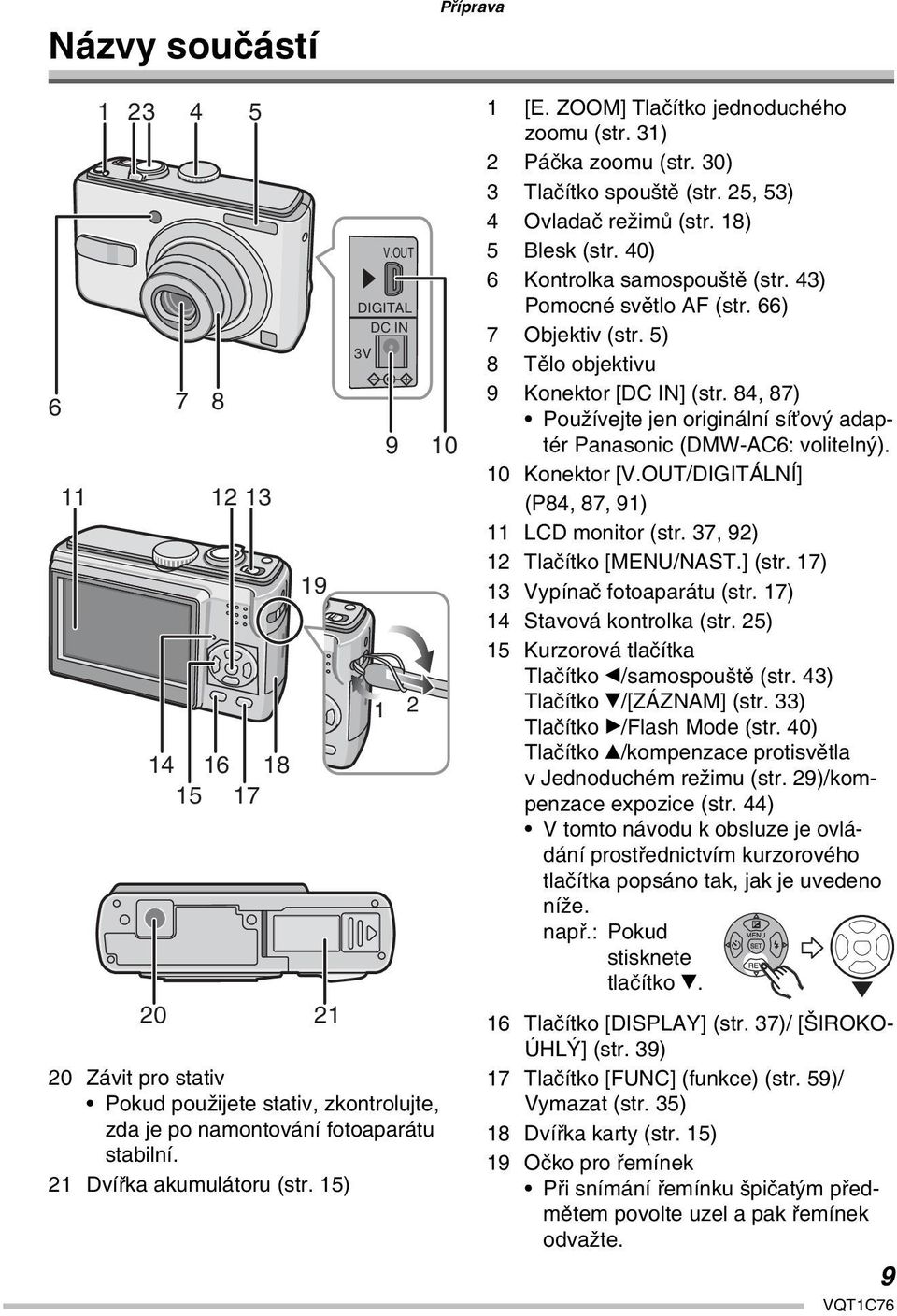 ZOOM] Tlačítko jednoduchého zoomu (str. 31) 2 Páčka zoomu (str. 30) 3 Tlačítko spouště (str. 25, 53) 4 Ovladač režimů (str. 18) 5 Blesk (str. 40) 6 Kontrolka samospouště (str.