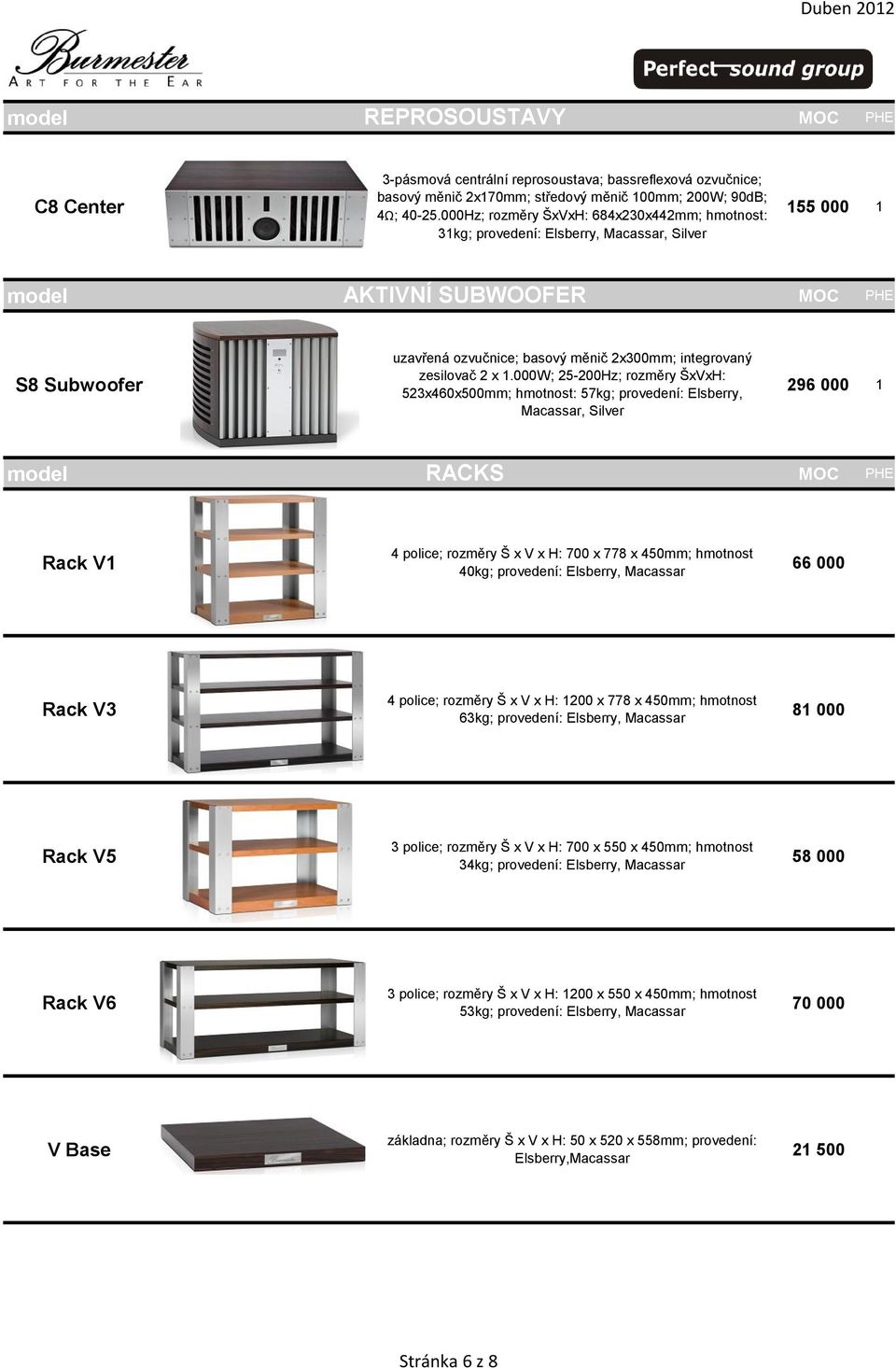 x.000w; 25-200Hz; rozměry ŠxVxH: 523x460x500mm; hmotnost: 57kg; provedení: Elsberry, Macassar, Silver 296 000 model RACKS Rack V 4 police; rozměry Š x V x H: 700 x 778 x 450mm; hmotnost 40kg;