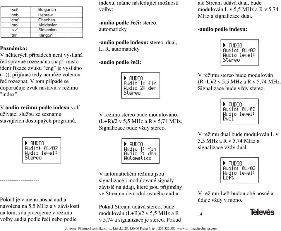 indexu, máme následující možnosti volby: -audio podle řeči: stereo, automaticky -audio podle indexu: stereo, dual, L, R, automaticky -audio podle řeči: V režimu stereo bude modulováno (L+R)/2 v 5,5