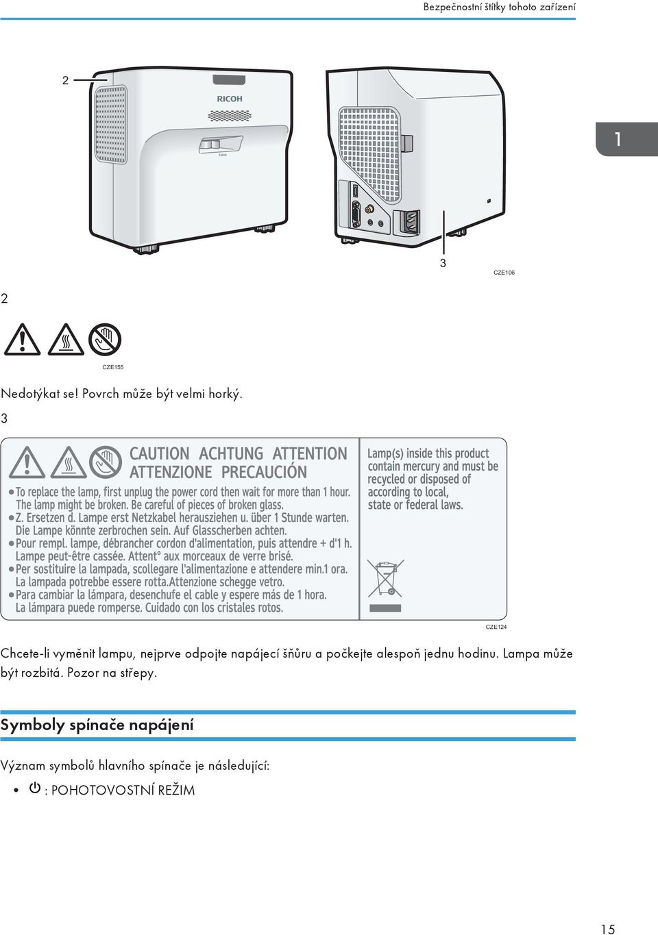 3 CZE124 Chcete-li vyměnit lampu, nejprve odpojte napájecí šňůru a počkejte alespoň