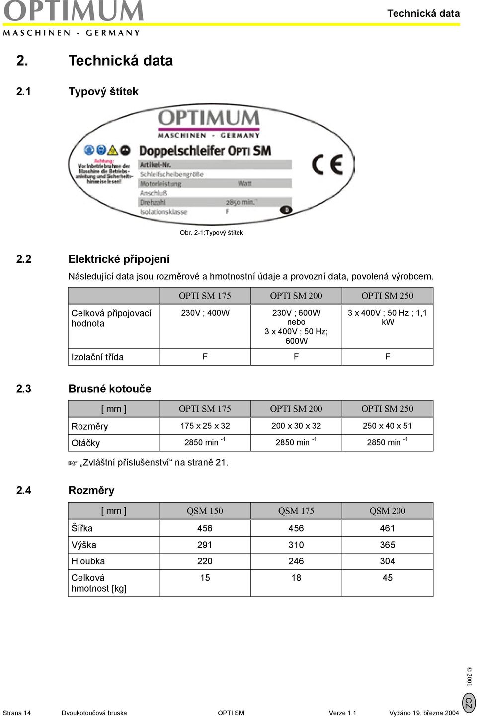 Celková připojovací hodnota OPTI SM 175 OPTI SM 200 OPTI SM 250 230V ; 400W 230V ; 600W nebo 3 x 400V ; 50 Hz; 600W 3 x 400V ; 50 Hz ; 1,1 kw Izolační třída F F F 2.