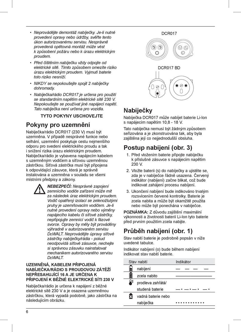 Tímto způsobem omezíte riziko úrazu elektrickým proudem. Vyjmutí baterie toto riziko nesníží. NIKDY se nepokoušejte spojit 2 nabíječky dohromady.