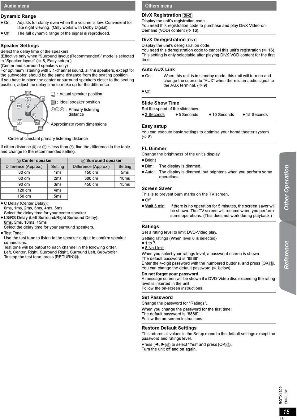 (Effective only when Surround layout (Recommended) mode is selected in Speaker layout ( 8, Easy setup).) (Center and surround speakers only) For optimum listening with 5.