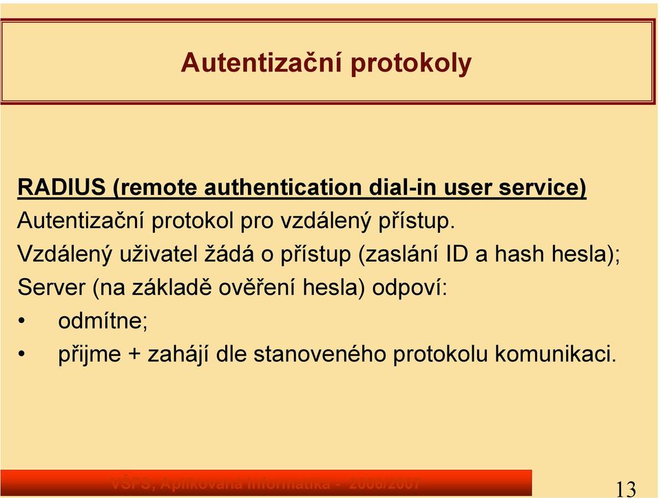 Vzdálený uživatel žádá o přístup (zaslání ID a hash hesla); Server (na