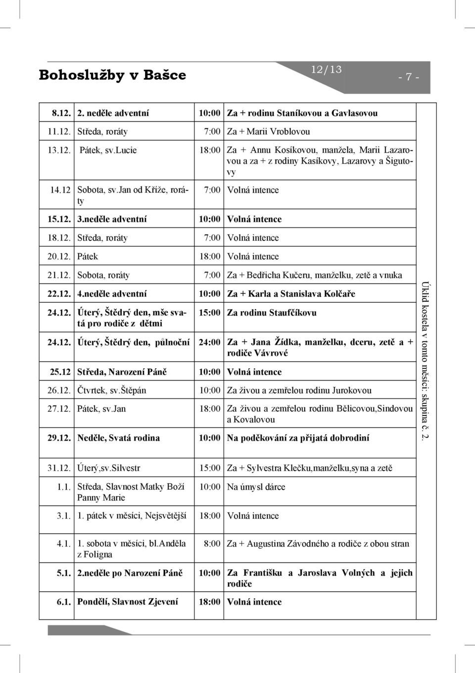 neděle adventní 10:00 Volná intence 18.12. Středa, roráty 7:00 Volná intence 20.12. Pátek 18:00 Volná intence 21.12. Sobota, roráty 7:00 Za + Bedřicha Kučeru, manželku, zetě a vnuka 22.12. 4.