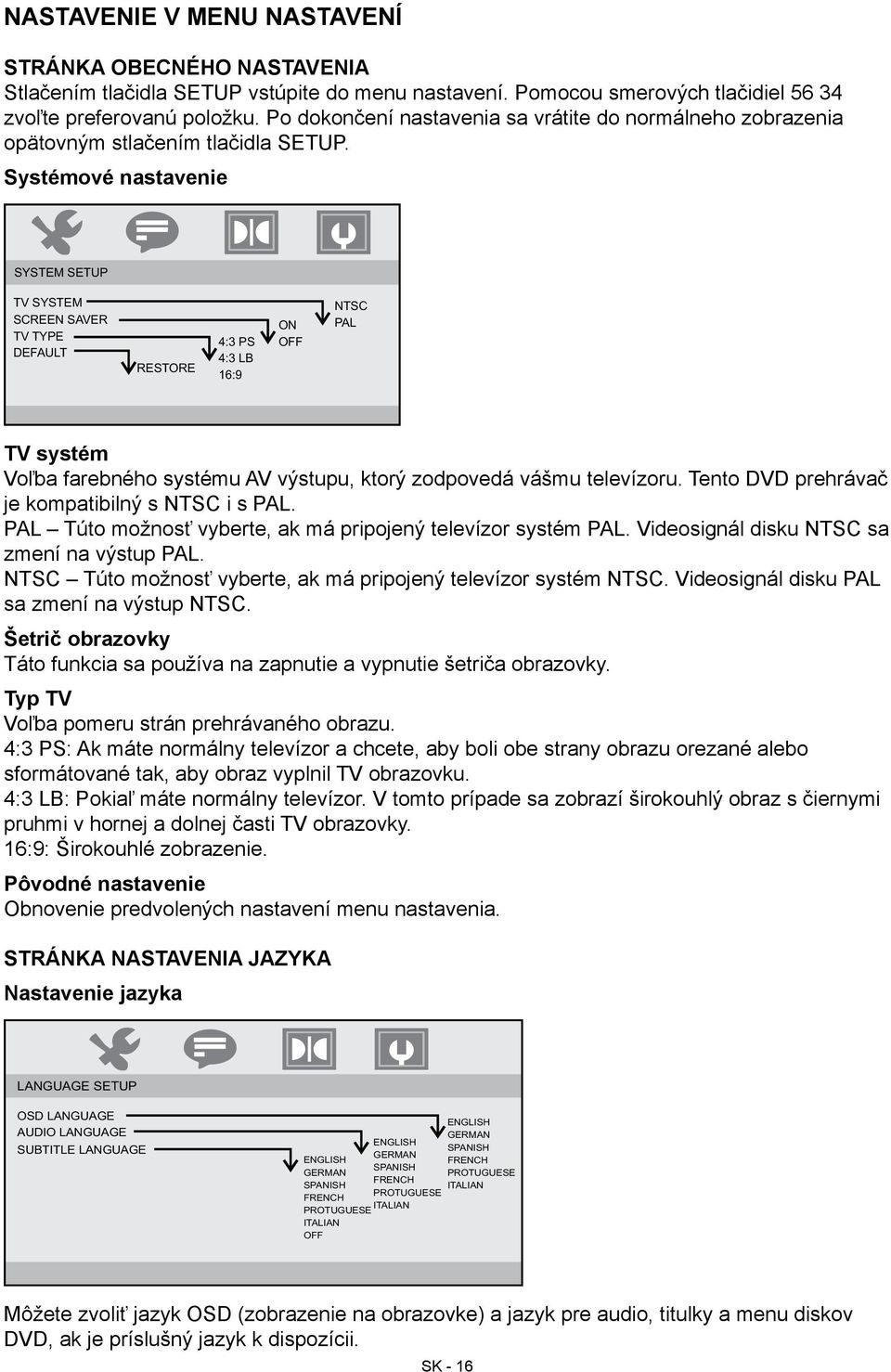 Systémové nastavenie SYSTEM SETUP TV SYSTEM SCREEN SAVER TV TYPE DEFAULT RESTORE 4:3 PS 4:3 LB 16:9 ON OFF NTSC PAL TV systém Voľba farebného systému AV výstupu, ktorý zodpovedá vášmu televízoru.