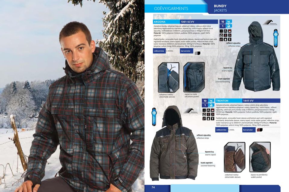 Padded jacket, removable hood, detachable sleeves, sleeves and bottom part with regulated wristband,, inside wallet pocket, reflective black strips, water resistance 3000mm and breathable