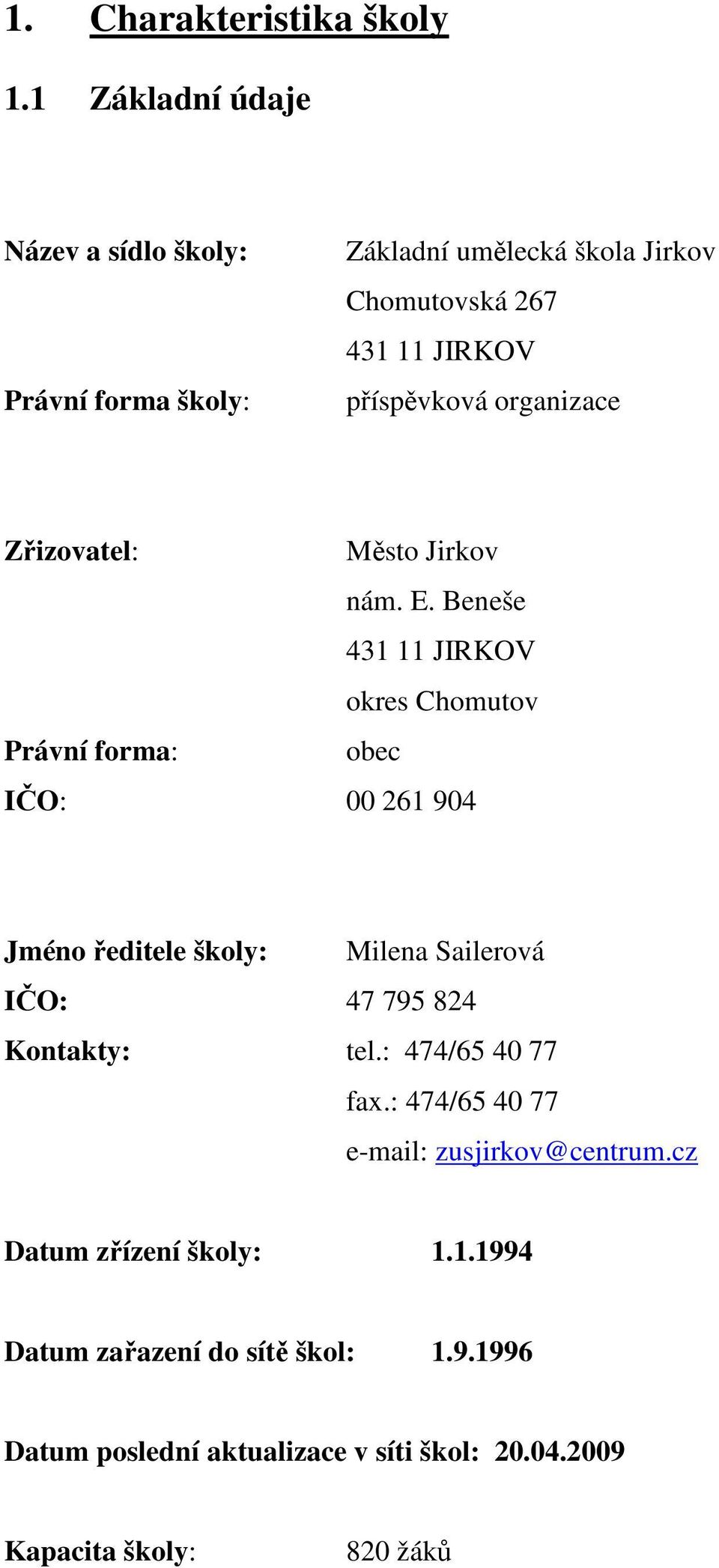 organizace Zřizovatel: Město Jirkov nám. E.