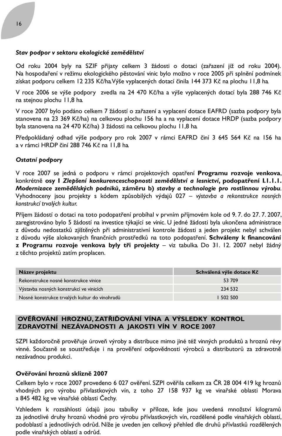 V roce 2006 se výše podpory zvedla na 24 470 Kč/ha a výše vyplacených dotací byla 288 746 Kč na stejnou plochu 11,8 ha.