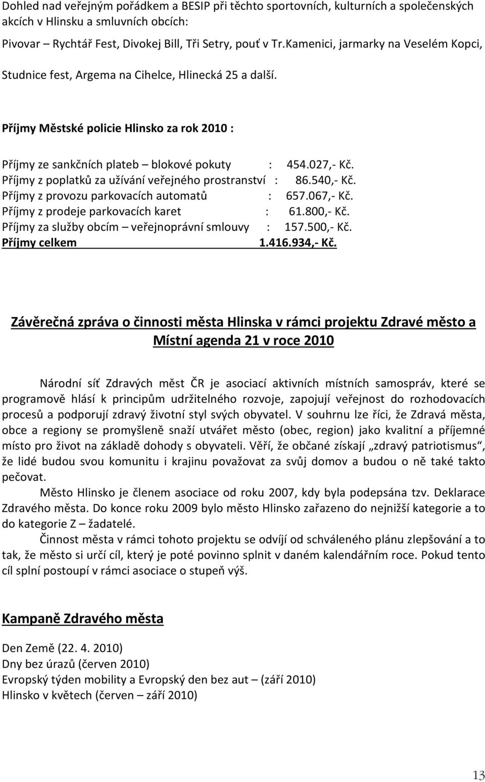 Příjmy z poplatků za užívání veřejného prostranství : 86.540,- Kč. Příjmy z provozu parkovacích automatů : 657.067,- Kč. Příjmy z prodeje parkovacích karet : 61.800,- Kč.