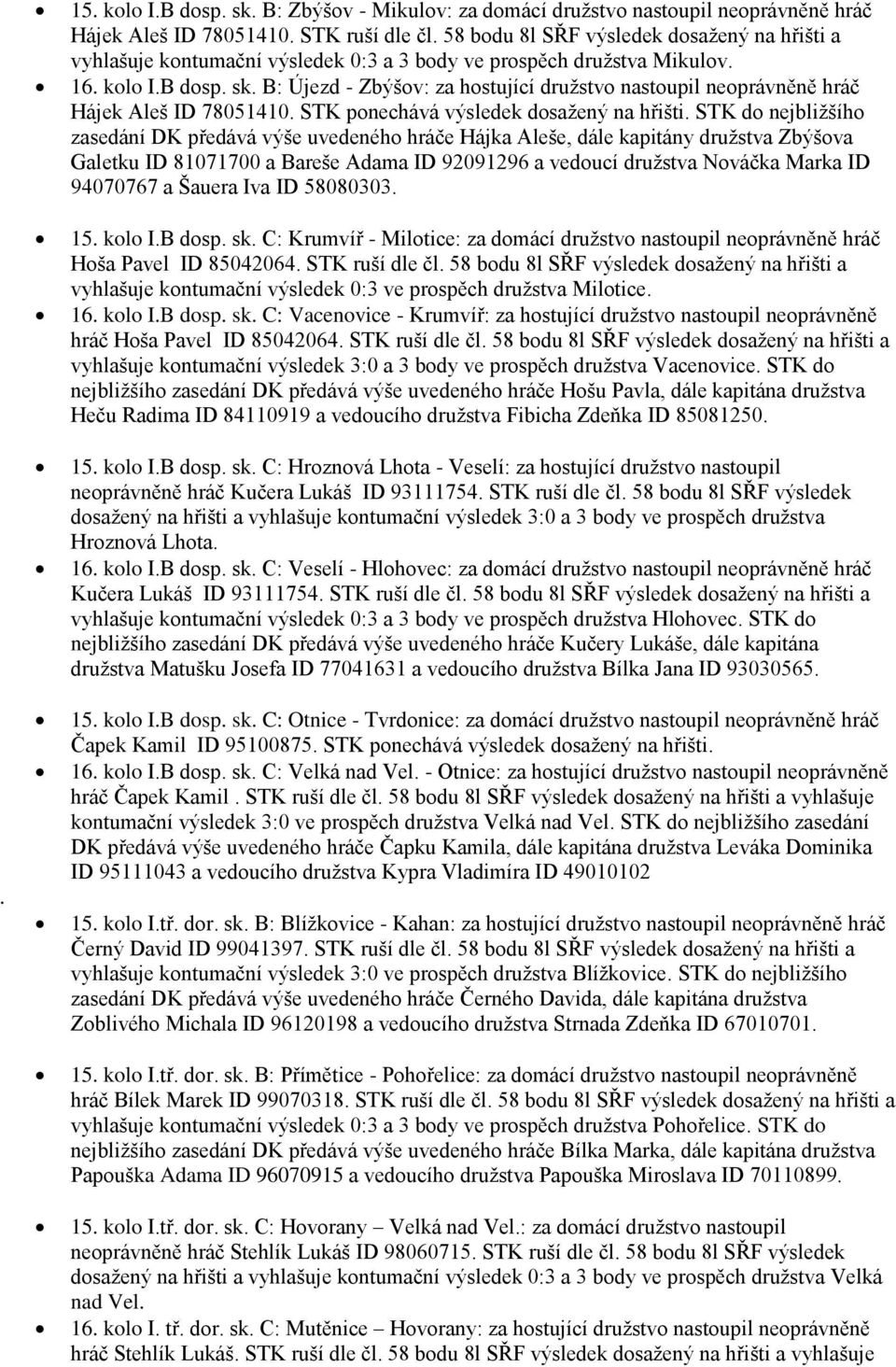 B: Újezd - Zbýšov: za hostující družstvo nastoupil neoprávněně hráč Hájek Aleš ID 78051410. STK ponechává výsledek dosažený na hřišti.