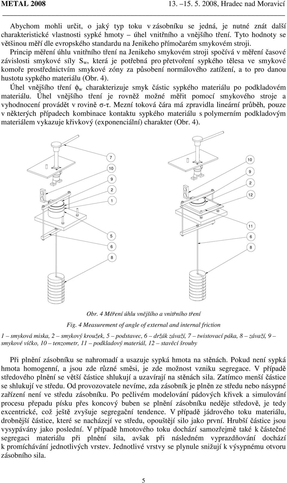 Princip měření úhlu vnitřního tření na Jenikeho smykovém stroji spočívá v měření časové závislosti smykové síly S w, která je potřebná pro přetvoření sypkého tělesa ve smykové komoře prostřednictvím