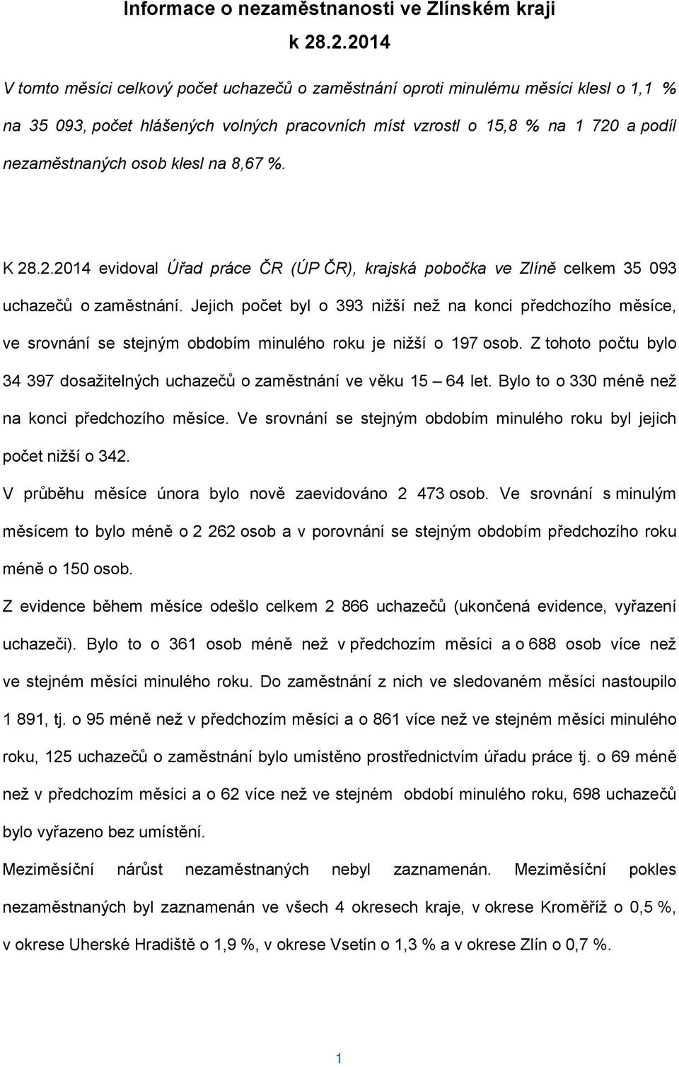 osob klesl na 8,67 %. K 28.2.2014 evidoval Úřad práce ČR (ÚP ČR), krajská pobočka ve Zlíně celkem 35 093 uchazečů o zaměstnání.