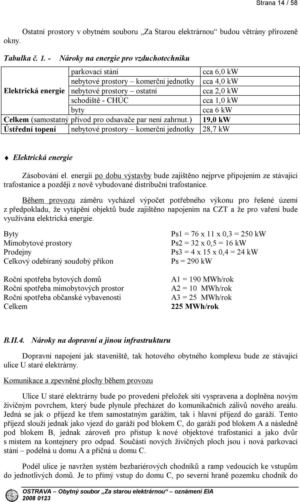 - Nároky na energie pro vzduchotechniku parkovací stání cca 6,0 kw nebytové prostory komerční jednotky cca 4,0 kw Elektrická energie nebytové prostory ostatní cca 2,0 kw schodiště - CHÚC cca 1,0 kw