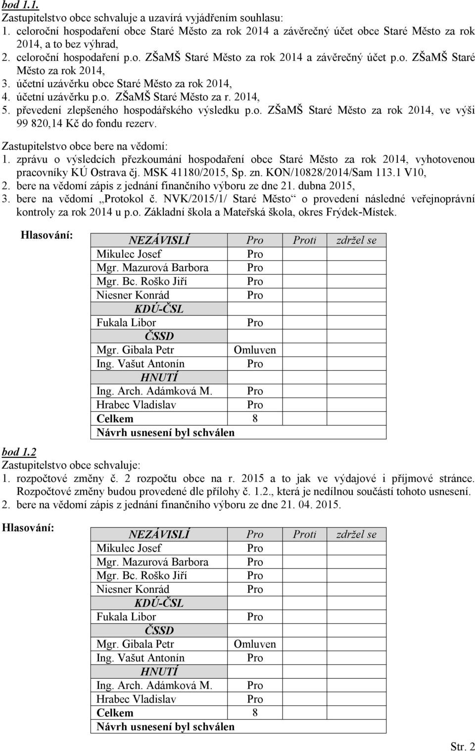 převedení zlepšeného hospodářského výsledku p.o. ZŠaMŠ Staré Město za rok 2014, ve výši 99 820,14 Kč do fondu rezerv. Zastupitelstvo obce bere na vědomí: 1.