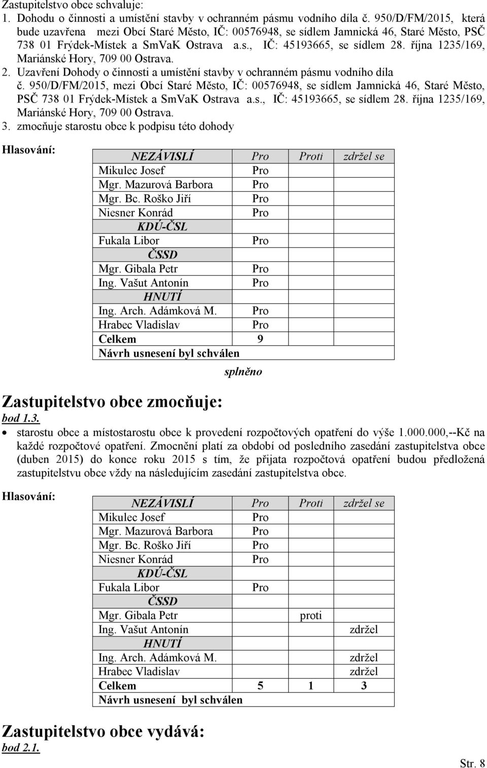 října 1235/169, Mariánské Hory, 709 00 Ostrava. 2. Uzavření Dohody o činnosti a umístění stavby v ochranném pásmu vodního díla č.