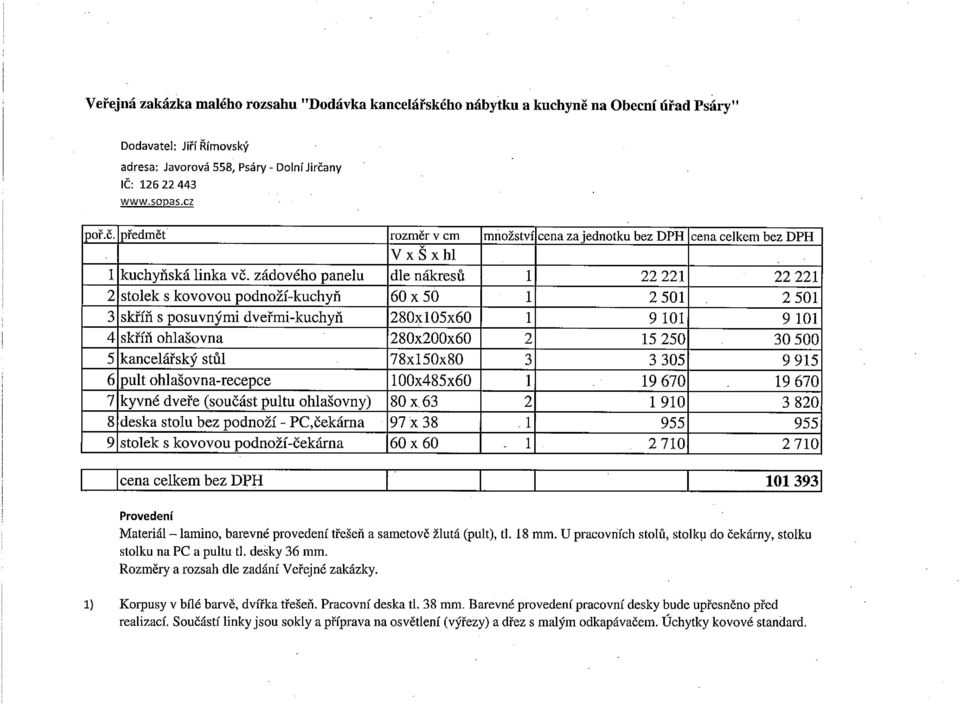 zádového panelu dle nákresů 1 22 221 22 221 2 stolek s kovovou podnoží-kuchyň 60 x 50 1 2 501. 2 501 3 skříň s posuvnými dveřmi-kuchyň 280x105x60 1 9 101 9 101 4 skříň ohlašovna. 280x200x60 2 15 250.