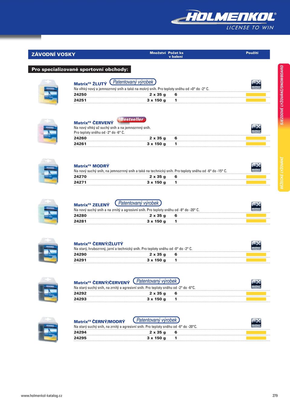 24260 2 x 35 g 6 24261 3 x 150 g 1 Matrix FX MODRÝ Na nový suchý sníh, na jemnozrnný sníh a také na technický sníh. Pro teploty sněhu od -6 do -15 C.