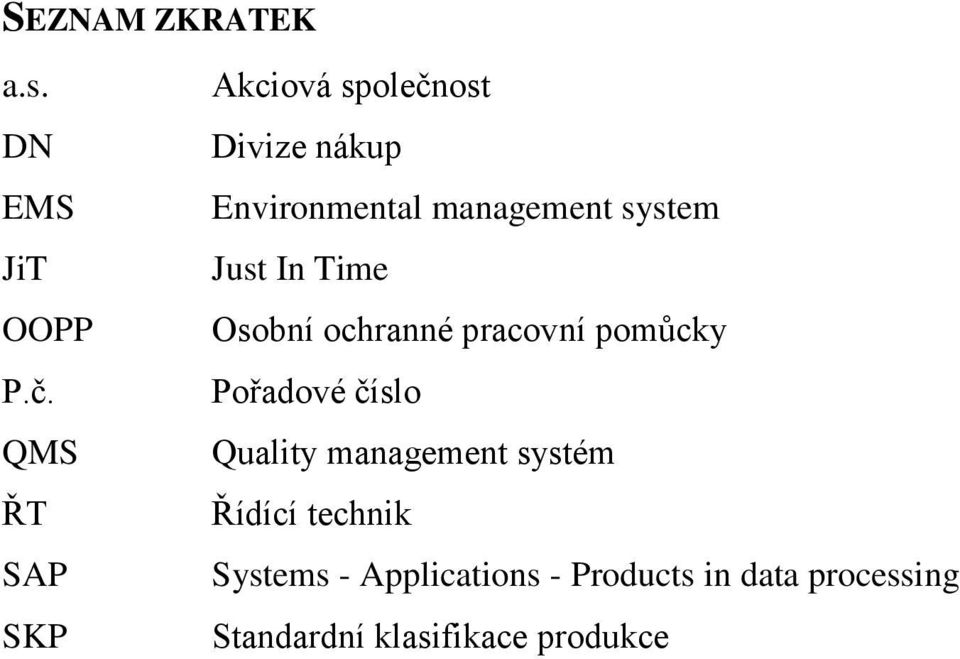 system Just In Time Osobní ochranné pracovní pomůcky Pořadové číslo Quality