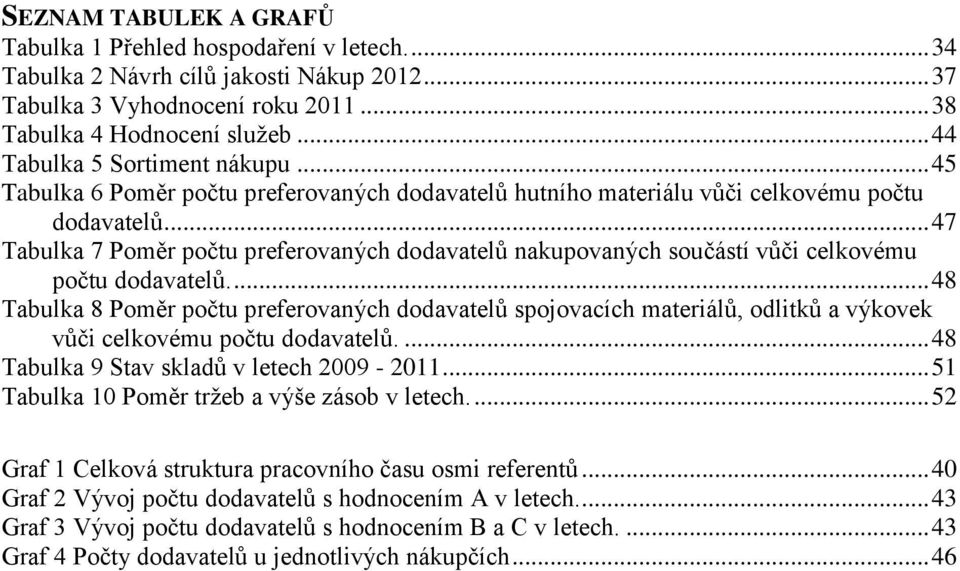 .. 47 Tabulka 7 Poměr počtu preferovaných dodavatelů nakupovaných součástí vůči celkovému počtu dodavatelů.