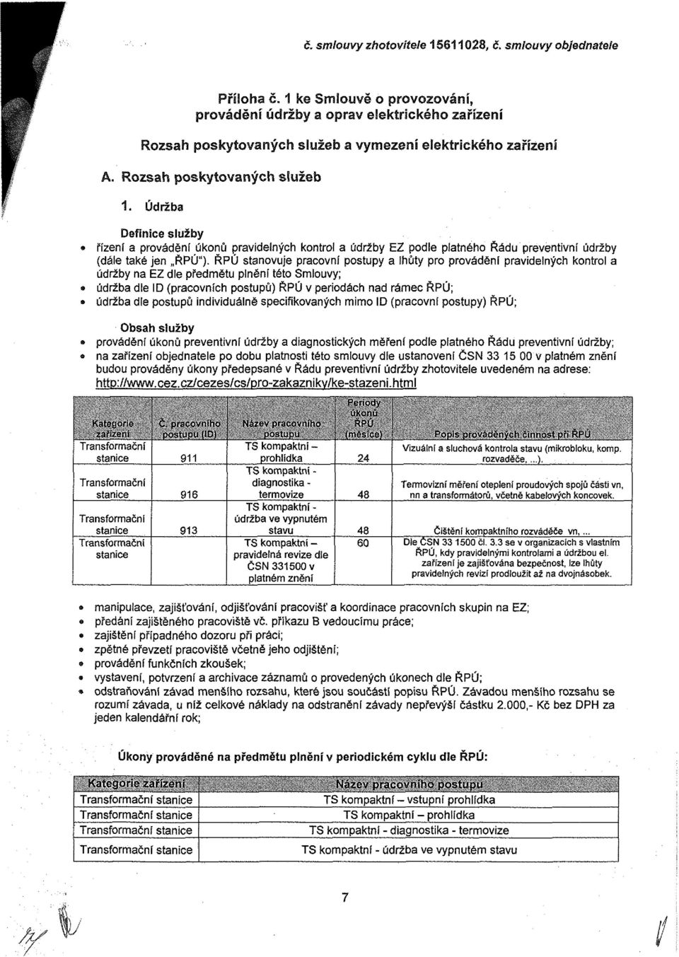 postupů individuálně specifikovaných mimo ID (pracovní postupy) ŘPÚ; Obsah služby provádění úkonů preventivní údržby a diagnostických měření podle platného Řádu preventivní údržby; na zařízení