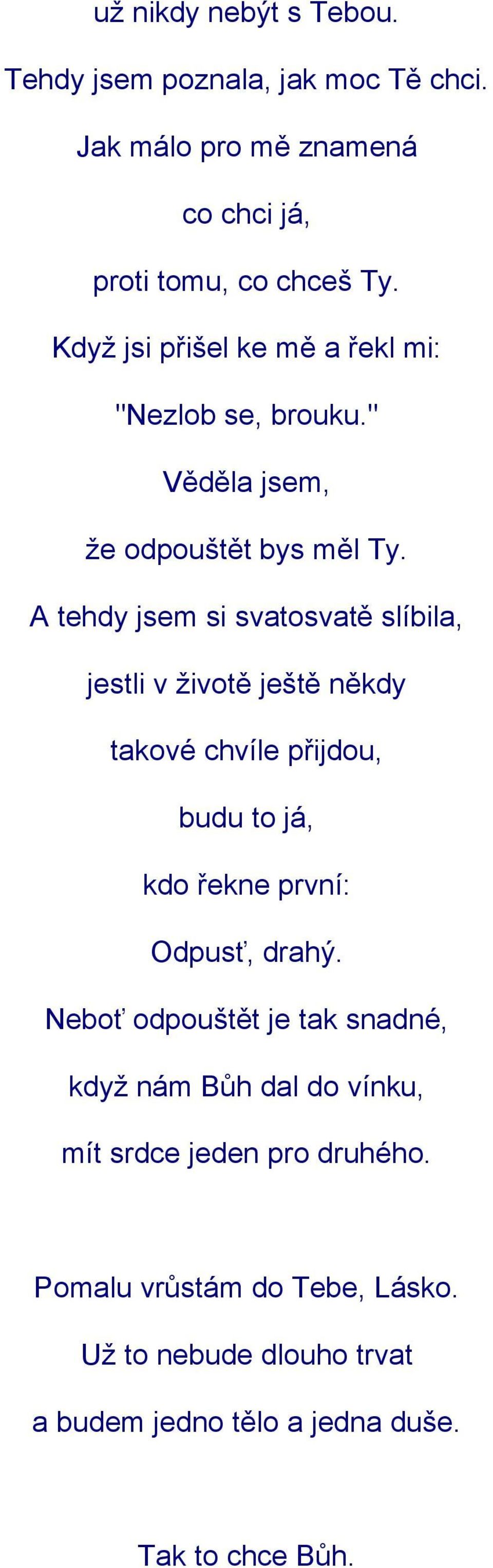 A tehdy jsem si svatosvatě slíbila, jestli v životě ještě někdy takové chvíle přijdou, budu to já, kdo řekne první: Odpusť, drahý.