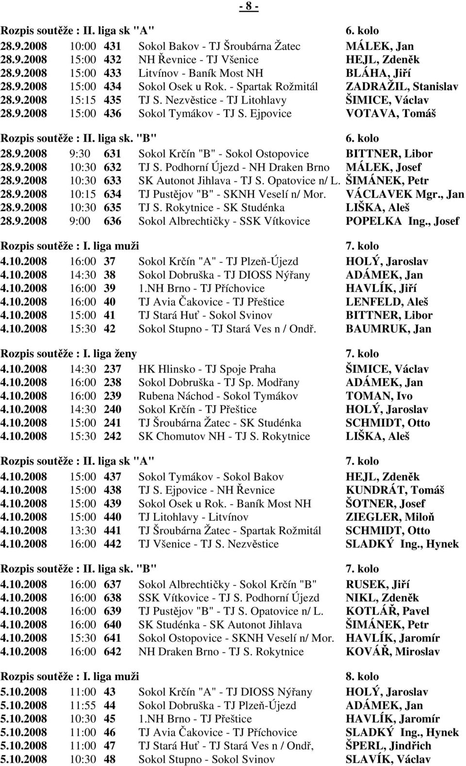 Ejpovice VOTAVA, Tomáš Rozpis soutěže : II. liga sk. "B" 6. kolo 28.9.2008 9:30 631 Sokol Krčín "B" - Sokol Ostopovice BITTNER, Libor 28.9.2008 10:30 632 TJ S.