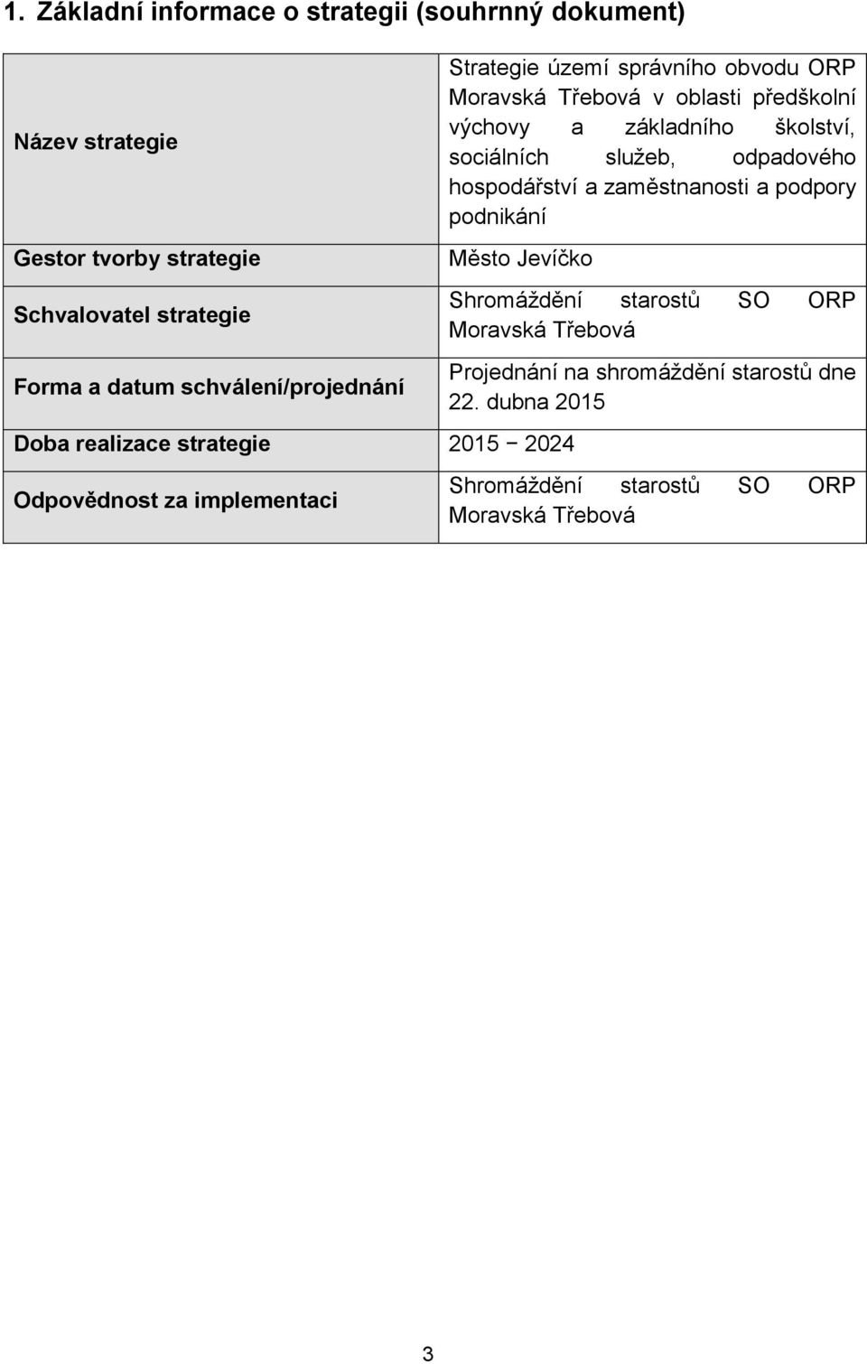 strategie Schvalovatel strategie Forma a datum schválení/projednání Město Jevíčko Doba realizace strategie 2015 2024 Odpovědnost za