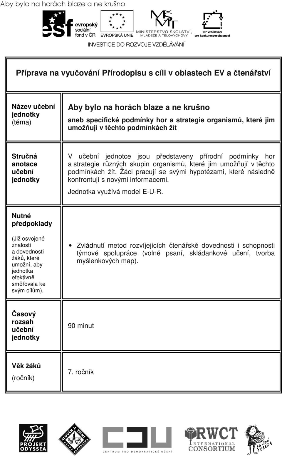které jim umožňují v těchto podmínkách žít. Žáci pracují se svými hypotézami, které následně konfrontují s novými informacemi. Jednotka využívá model E-U-R.