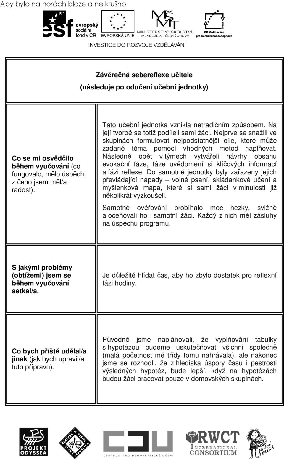 Nejprve se snažili ve skupinách formulovat nejpodstatnější cíle, které může zadané téma pomocí vhodných metod naplňovat.