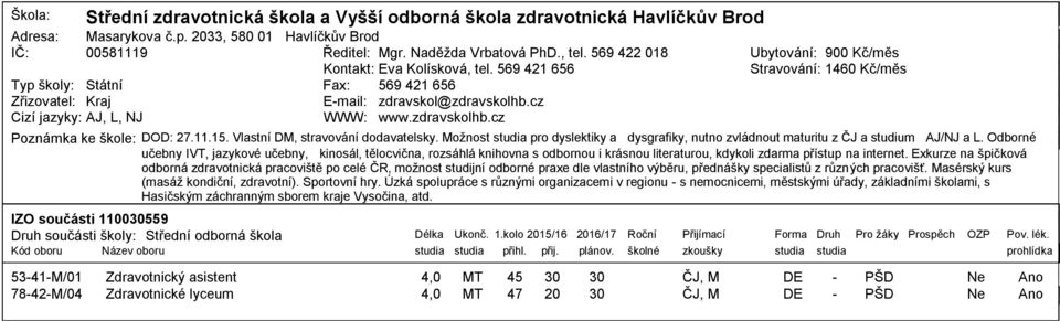 Možnost studia pro dyslektiky a dysgrafiky, nutno zvládnout maturitu z ČJ a studium AJ/NJ a L.