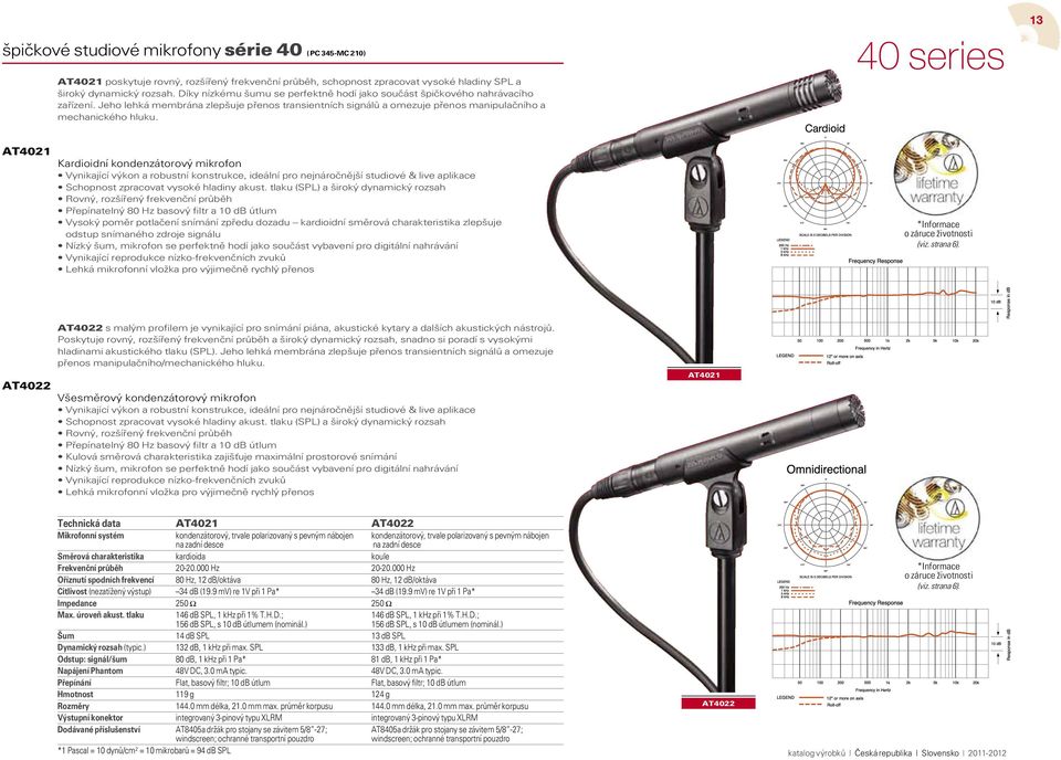 40 series 13 AT4021 Kardioidní kondenzátorový mikrofon Vynikající výkon a robustní konstrukce, ideání pro nejnáročnější studiové & ive apikace Schopnost zpracovat vysoké hadiny akust.