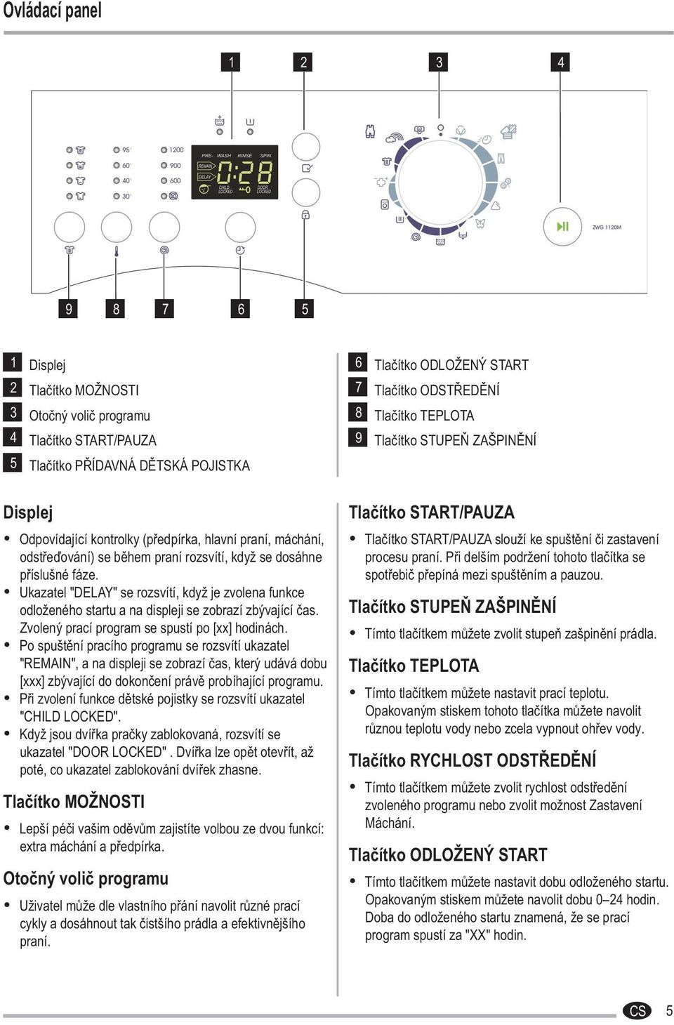 Ukazatel "DELAY" se rozsvítí, když je zvolena funkce odloženého startu a na displeji se zobrazí zbývající čas. Zvolený prací program se spustí po [xx] hodinách.