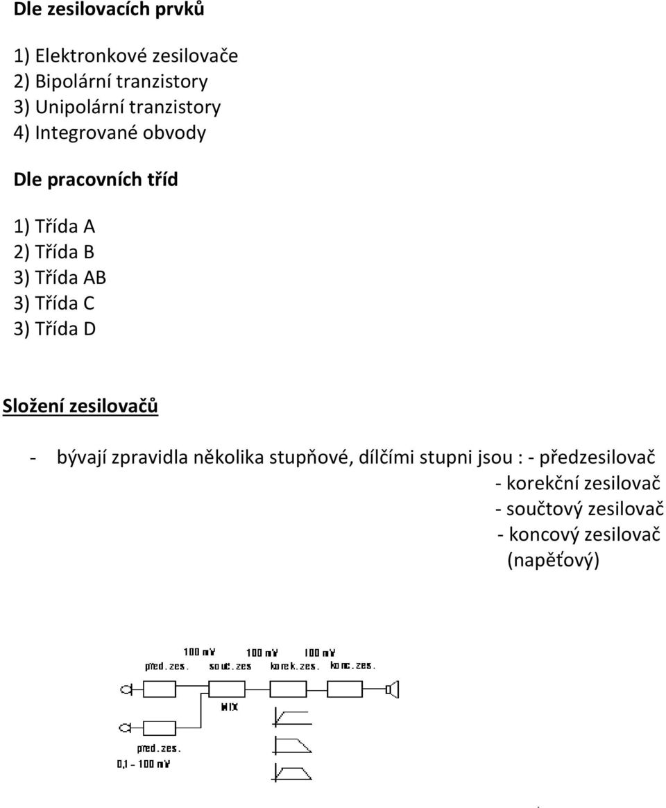 Třída C 3) Třída D Složení zesilovačů - bývají zpravidla několika stupňové, dílčími stupni