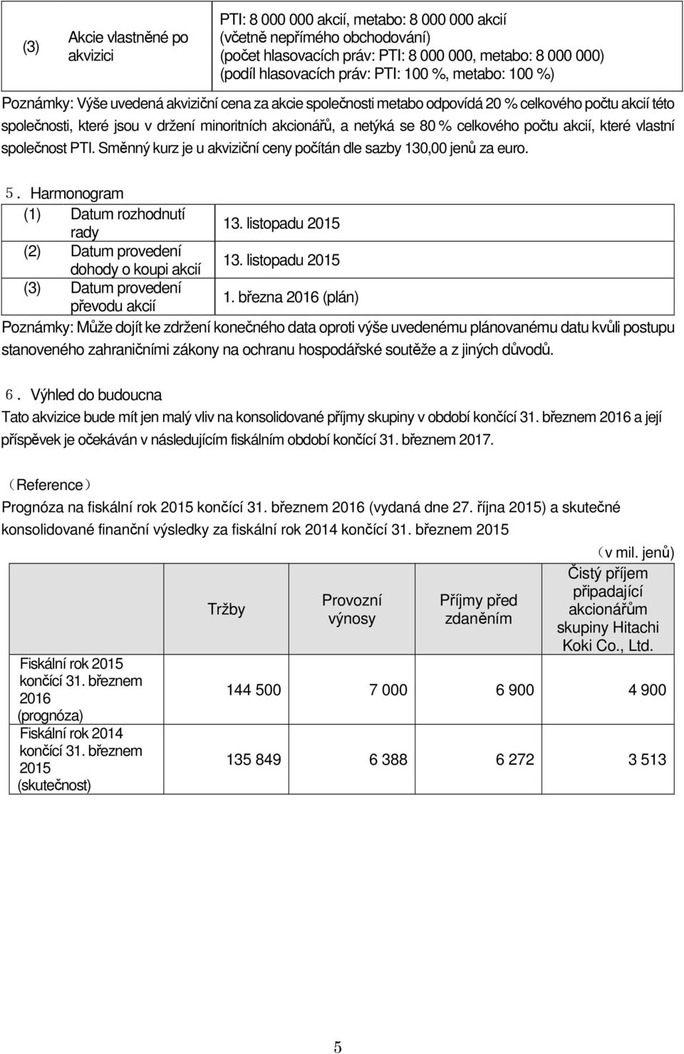 % celkového počtu akcií, které vlastní společnost PTI. Směnný kurz je u akviziční ceny počítán dle sazby 130,00 jenů za euro. 5.