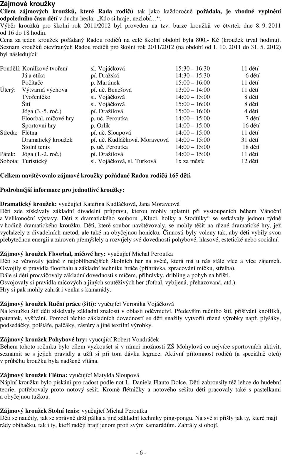 Cena za jeden kroužek pořádaný Radou rodičů na celé školní období byla 800,- Kč (kroužek trval hodinu). Seznam kroužků otevíraných Radou rodičů pro školní rok 2011/2012 (na období od 1. 10.