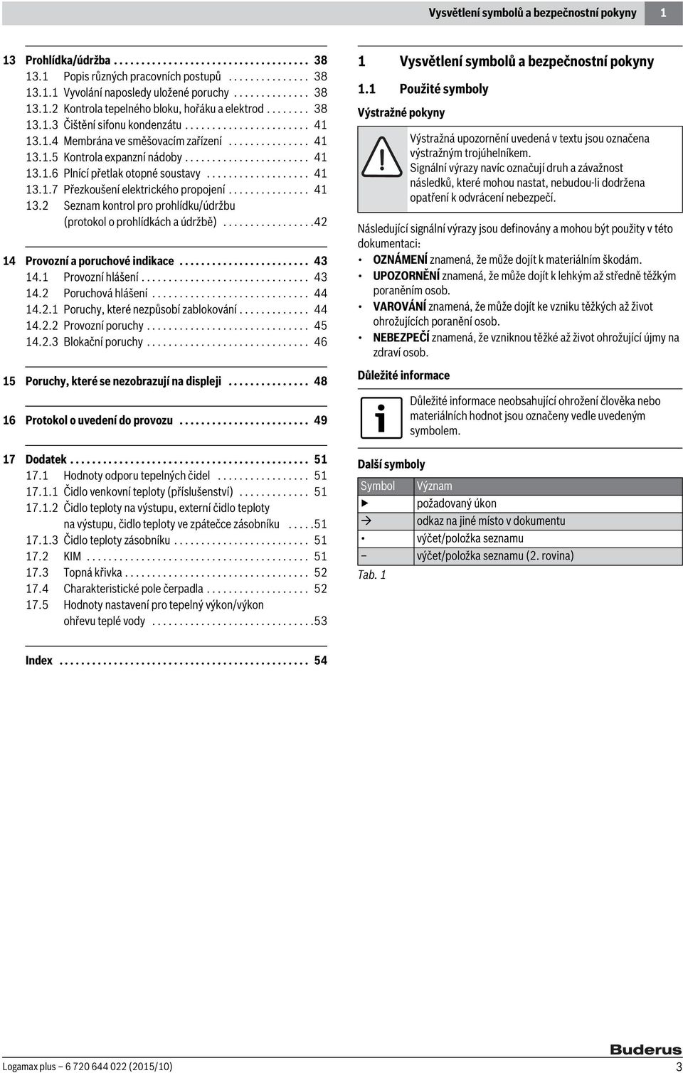 ...................... 41 13.1.6 Plnící přetlak otopné soustavy................... 41 13.1.7 Přezkoušení elektrického propojení............... 41 13.2 Seznam kontrol pro prohlídku/údržbu (protokol o prohlídkách a údržbě).