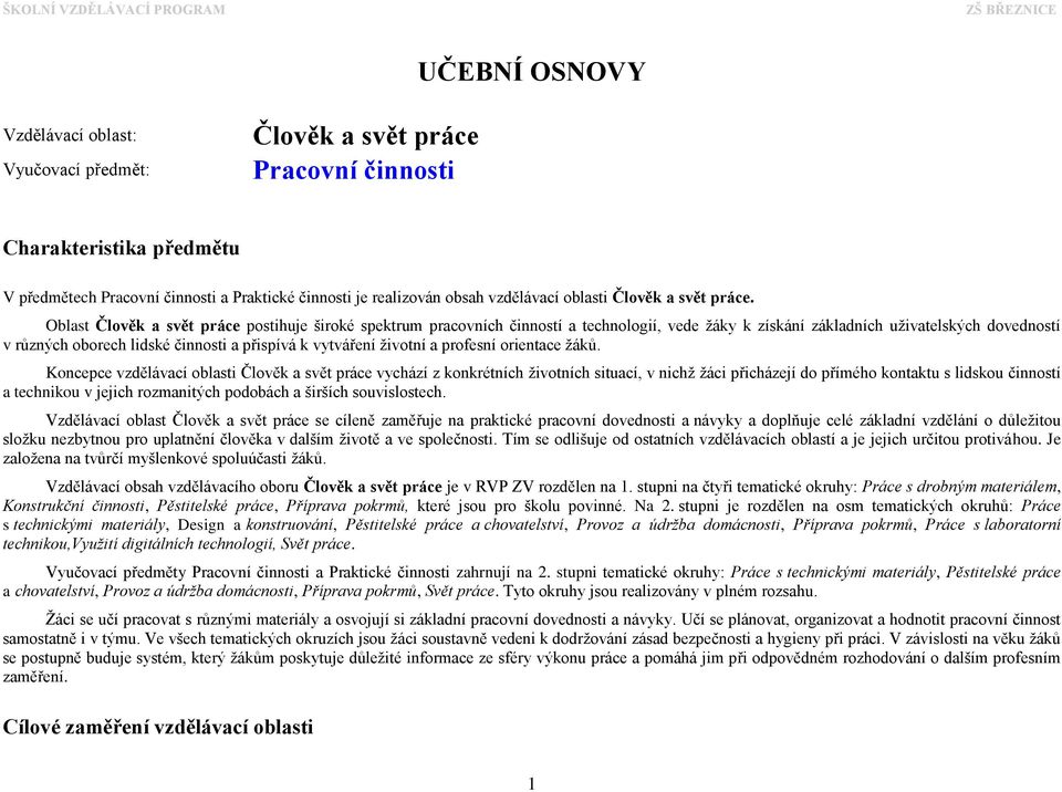 Oblast Člověk a svět práce postihuje široké spektrum pracovních činností a technologií, vede žáky k získání základních uživatelských dovedností v různých oborech lidské činnosti a přispívá k